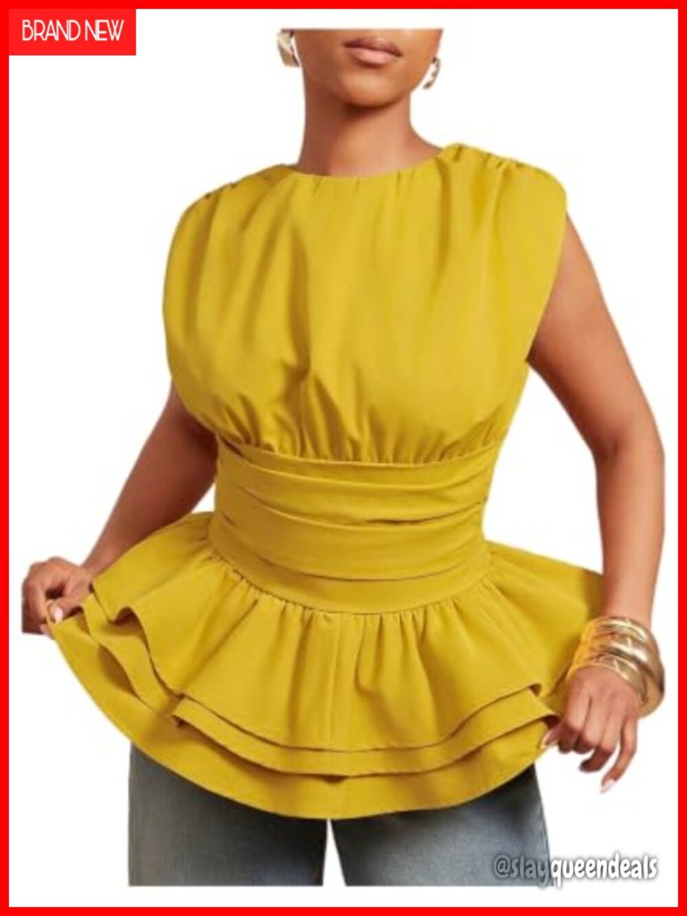Peplum Blouse Ruched Layered Ruffle Crew Neck Sleeveless Zipper Cinched Waist